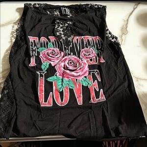 TMG Black Lace Tank Top with Pink Floral Design